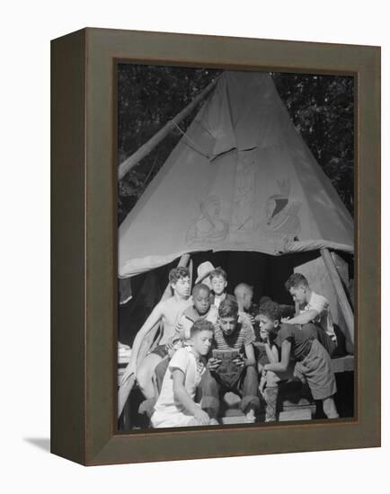 Racially Integrated Group of Boys Sharing a Comic Book at Camp Nathan Hale in Southfields, NY-Gordon Parks-Framed Stretched Canvas