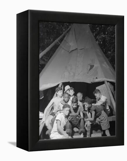 Racially Integrated Group of Boys Sharing a Comic Book at Camp Nathan Hale in Southfields, NY-Gordon Parks-Framed Stretched Canvas