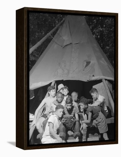 Racially Integrated Group of Boys Sharing a Comic Book at Camp Nathan Hale in Southfields, NY-Gordon Parks-Framed Stretched Canvas