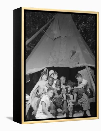 Racially Integrated Group of Boys Sharing a Comic Book at Camp Nathan Hale in Southfields, NY-Gordon Parks-Framed Stretched Canvas