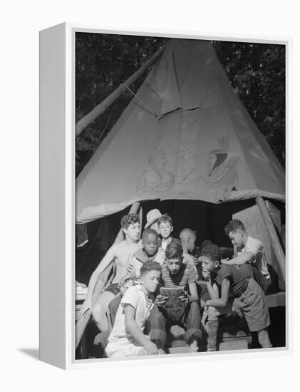 Racially Integrated Group of Boys Sharing a Comic Book at Camp Nathan Hale in Southfields, NY-Gordon Parks-Framed Stretched Canvas