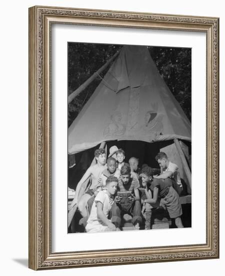 Racially Integrated Group of Boys Sharing a Comic Book at Camp Nathan Hale in Southfields, NY-Gordon Parks-Framed Photo