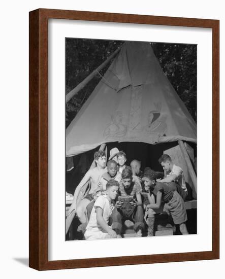 Racially Integrated Group of Boys Sharing a Comic Book at Camp Nathan Hale in Southfields, NY-Gordon Parks-Framed Photo