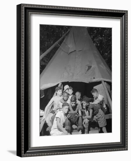 Racially Integrated Group of Boys Sharing a Comic Book at Camp Nathan Hale in Southfields, NY-Gordon Parks-Framed Photo