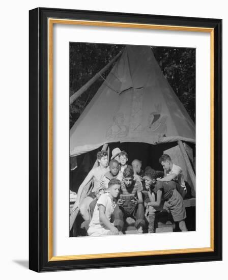 Racially Integrated Group of Boys Sharing a Comic Book at Camp Nathan Hale in Southfields, NY-Gordon Parks-Framed Photo