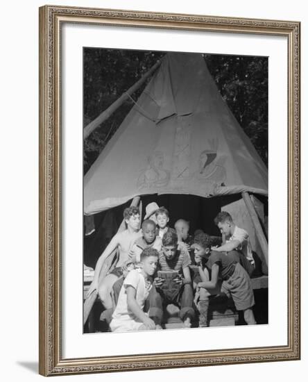 Racially Integrated Group of Boys Sharing a Comic Book at Camp Nathan Hale in Southfields, NY-Gordon Parks-Framed Photo