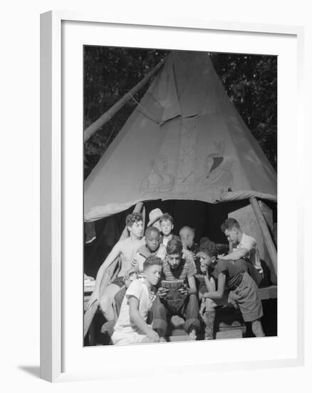 Racially Integrated Group of Boys Sharing a Comic Book at Camp Nathan Hale in Southfields, NY-Gordon Parks-Framed Photo