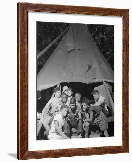 Racially Integrated Group of Boys Sharing a Comic Book at Camp Nathan Hale in Southfields, NY-Gordon Parks-Framed Photo