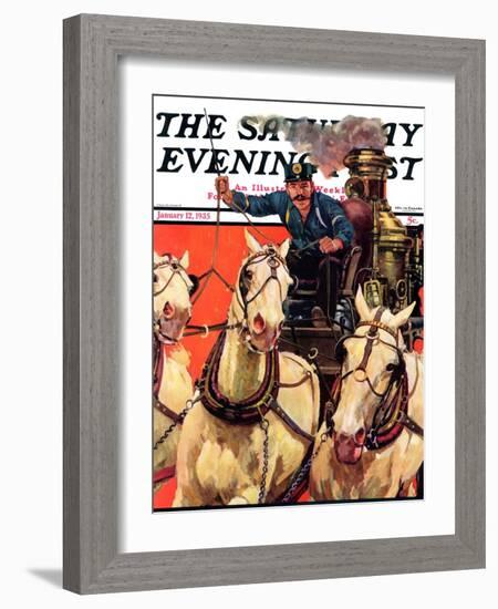 "Racing to the Fire," Saturday Evening Post Cover, January 12, 1935-Maurice Bower-Framed Giclee Print