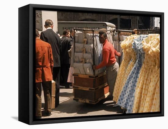 Racks of Dresses Steered by Pushboys in the Garment District-Walter Sanders-Framed Premier Image Canvas