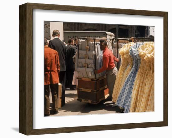 Racks of Dresses Steered by Pushboys in the Garment District-Walter Sanders-Framed Photographic Print