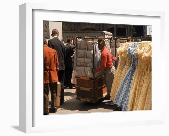 Racks of Dresses Steered by Pushboys in the Garment District-Walter Sanders-Framed Photographic Print