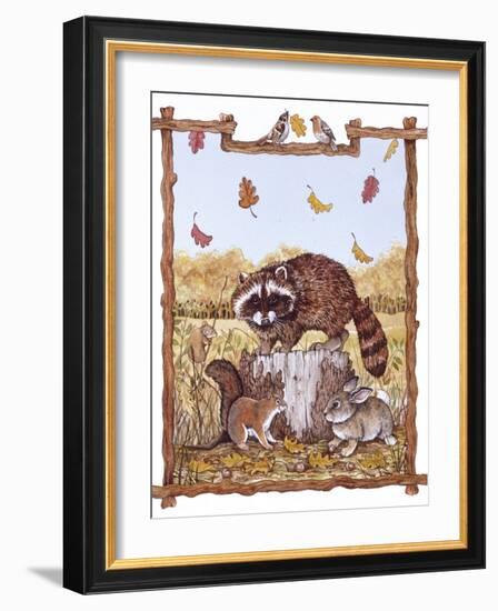 Racoon, Squirrel and Rabbit with Fall Leaves-Wendy Edelson-Framed Giclee Print