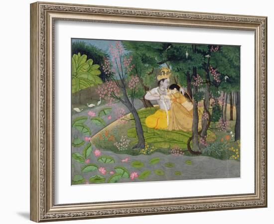 Radha and Krishna Embrace in a Grove of Flowering Trees, c.1780-null-Framed Giclee Print