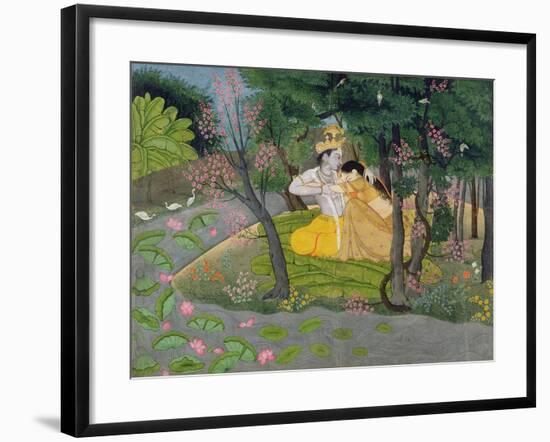 Radha and Krishna Embrace in a Grove of Flowering Trees, c.1780-null-Framed Giclee Print