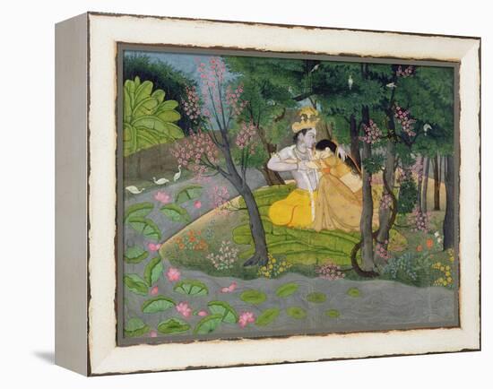 Radha and Krishna Embrace in a Grove of Flowering Trees, c.1780-null-Framed Premier Image Canvas