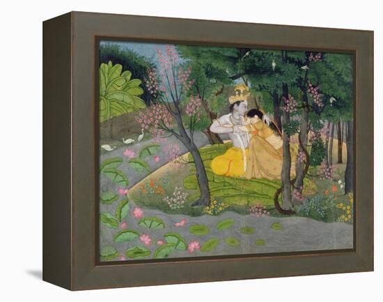 Radha and Krishna Embrace in a Grove of Flowering Trees, c.1780-null-Framed Premier Image Canvas