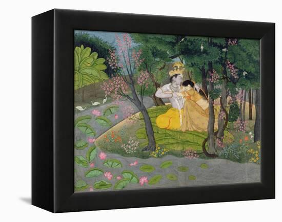Radha and Krishna Embrace in a Grove of Flowering Trees, c.1780-null-Framed Premier Image Canvas