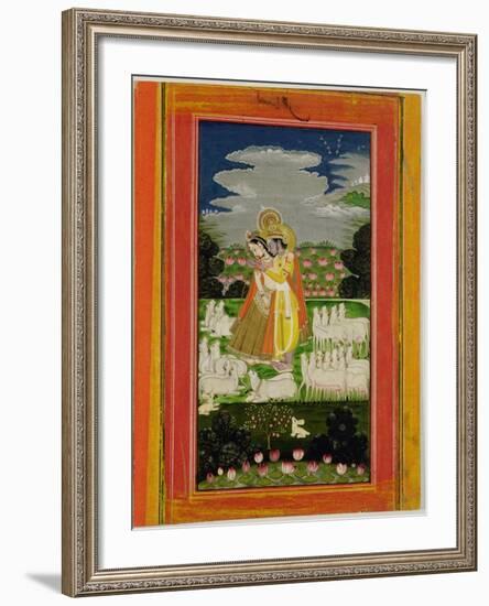 Radha and Krishna Embrace in an Idealised Landscape with Cows, circa 1780-null-Framed Giclee Print