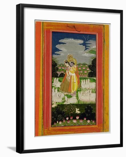 Radha and Krishna Embrace in an Idealised Landscape with Cows, circa 1780-null-Framed Giclee Print