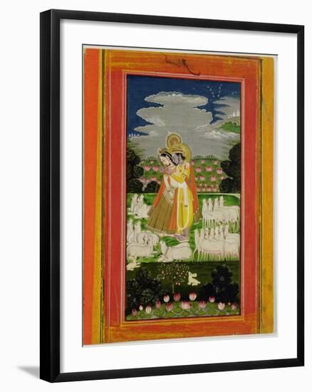 Radha and Krishna Embrace in an Idealised Landscape with Cows, circa 1780-null-Framed Giclee Print