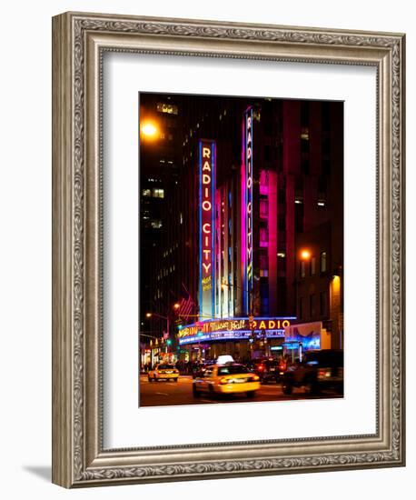 Radio City Music Hall and Yellow Cab by Night, Manhattan, Times Square, New York City, US, USA-Philippe Hugonnard-Framed Photographic Print
