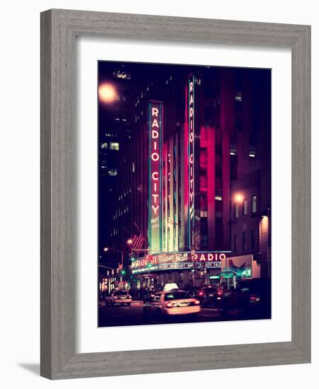 Radio City Music Hall and Yellow Cab by Night, Manhattan, Times Square, NYC, Old Vintage Colors-Philippe Hugonnard-Framed Photographic Print