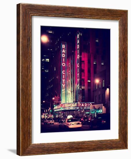 Radio City Music Hall and Yellow Cab by Night, Manhattan, Times Square, NYC, Old Vintage Colors-Philippe Hugonnard-Framed Photographic Print