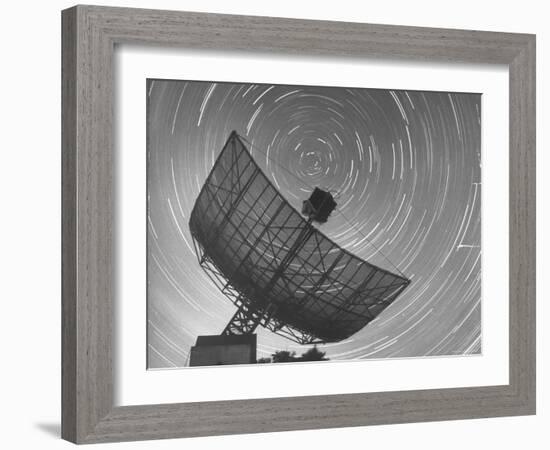 Radio Telescope Listening to Sound from Space as Visible Stars Circle Sky Forming Streaks of Light-Fritz Goro-Framed Photographic Print