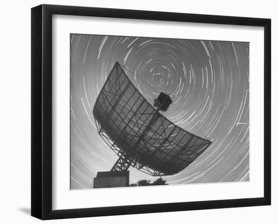 Radio Telescope Listening to Sound from Space as Visible Stars Circle Sky Forming Streaks of Light-Fritz Goro-Framed Photographic Print