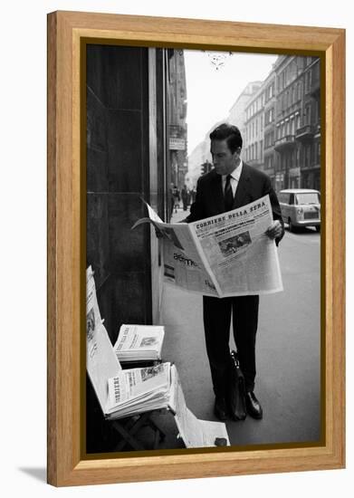 Raf Vallone Reading the Newspaper Corriere Della Sera in the Street-null-Framed Premier Image Canvas