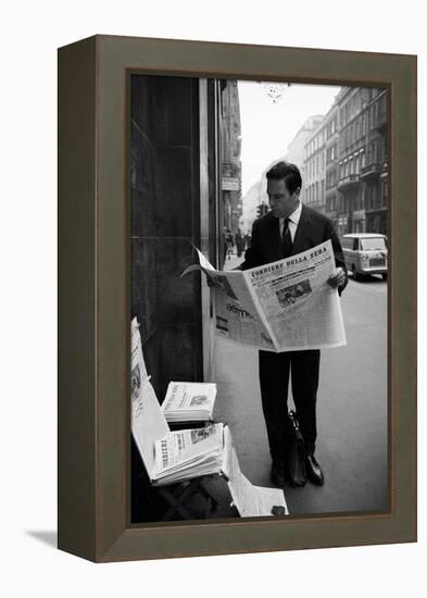 Raf Vallone Reading the Newspaper Corriere Della Sera in the Street-null-Framed Premier Image Canvas