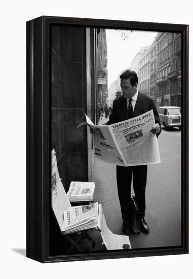 Raf Vallone Reading the Newspaper Corriere Della Sera in the Street-null-Framed Premier Image Canvas