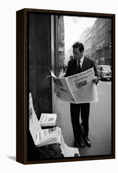 Raf Vallone Reading the Newspaper Corriere Della Sera in the Street-null-Framed Premier Image Canvas