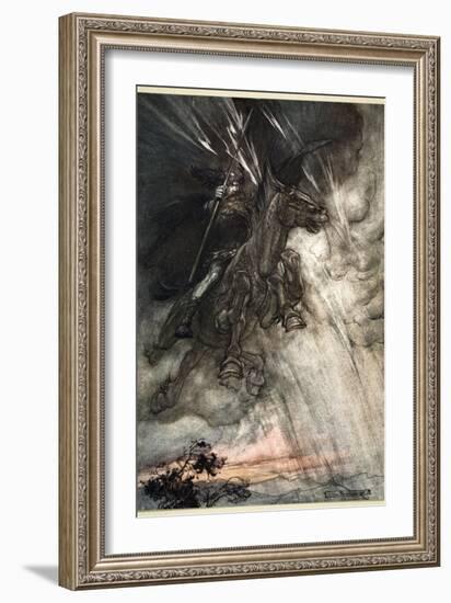 Raging, Wotan Rides to the Rock! Like a Storm-wind he comes!', 1910-Arthur Rackham-Framed Giclee Print