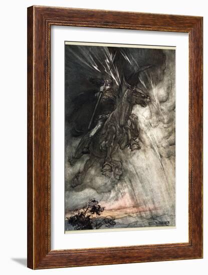 Raging, Wotan Rides to the Rock! Like a Storm-wind he comes!', 1910-Arthur Rackham-Framed Giclee Print