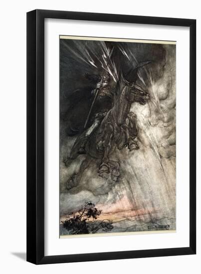 Raging, Wotan Rides to the Rock! Like a Storm-wind he comes!', 1910-Arthur Rackham-Framed Giclee Print