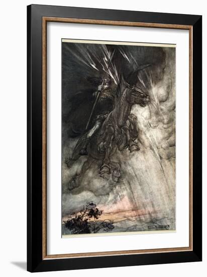 Raging, Wotan Rides to the Rock! Like a Storm-wind he comes!', 1910-Arthur Rackham-Framed Giclee Print