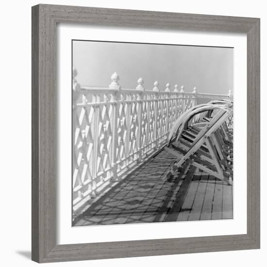 Railing at Brighton Pier with Sun Lounge, East Sussex-John Gay-Framed Giclee Print