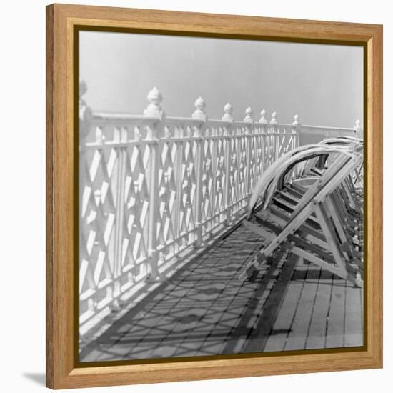 Railing at Brighton Pier with Sun Lounge, East Sussex-John Gay-Framed Premier Image Canvas