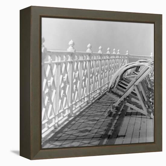 Railing at Brighton Pier with Sun Lounge, East Sussex-John Gay-Framed Premier Image Canvas