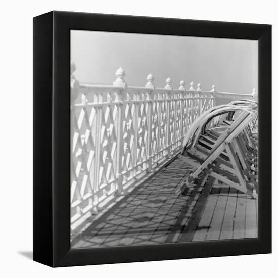 Railing at Brighton Pier with Sun Lounge, East Sussex-John Gay-Framed Premier Image Canvas