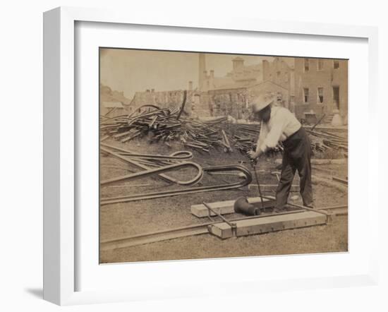 Railroad Construction Worker Straightening Track, c.1862-Andrew J^ Johnson-Framed Photo