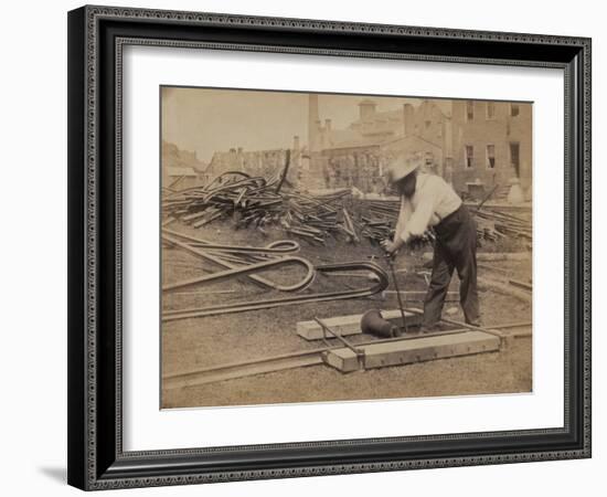 Railroad Construction Worker Straightening Track, c.1862-Andrew J^ Johnson-Framed Photo