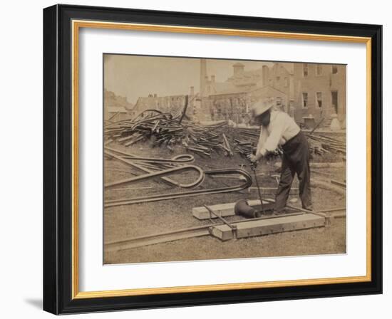 Railroad Construction Worker Straightening Track, c.1862-Andrew J^ Johnson-Framed Photo