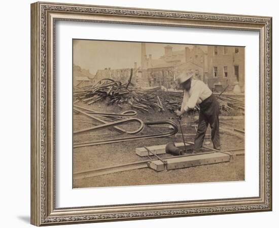 Railroad Construction Worker Straightening Track, c.1862-Andrew J^ Johnson-Framed Photo