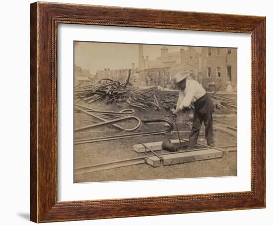 Railroad Construction Worker Straightening Track, c.1862-Andrew J^ Johnson-Framed Photo