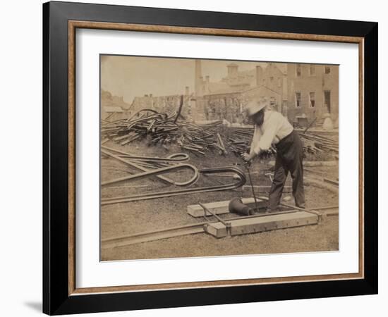 Railroad Construction Worker Straightening Track, c.1862-Andrew J^ Johnson-Framed Photo