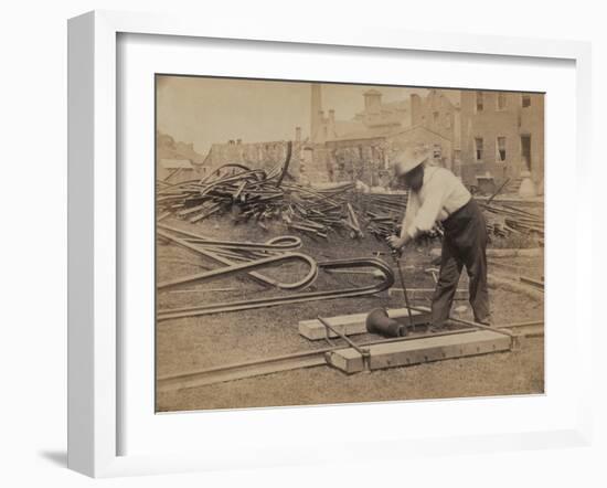 Railroad Construction Worker Straightening Track, c.1862-Andrew J^ Johnson-Framed Photo