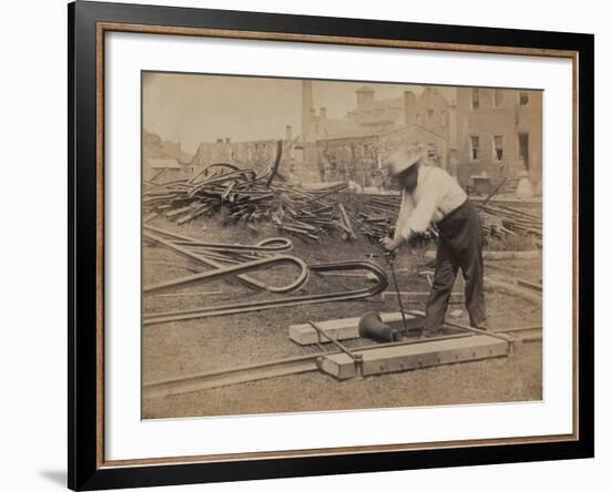 Railroad Construction Worker Straightening Track, c.1862-Andrew J^ Johnson-Framed Photo